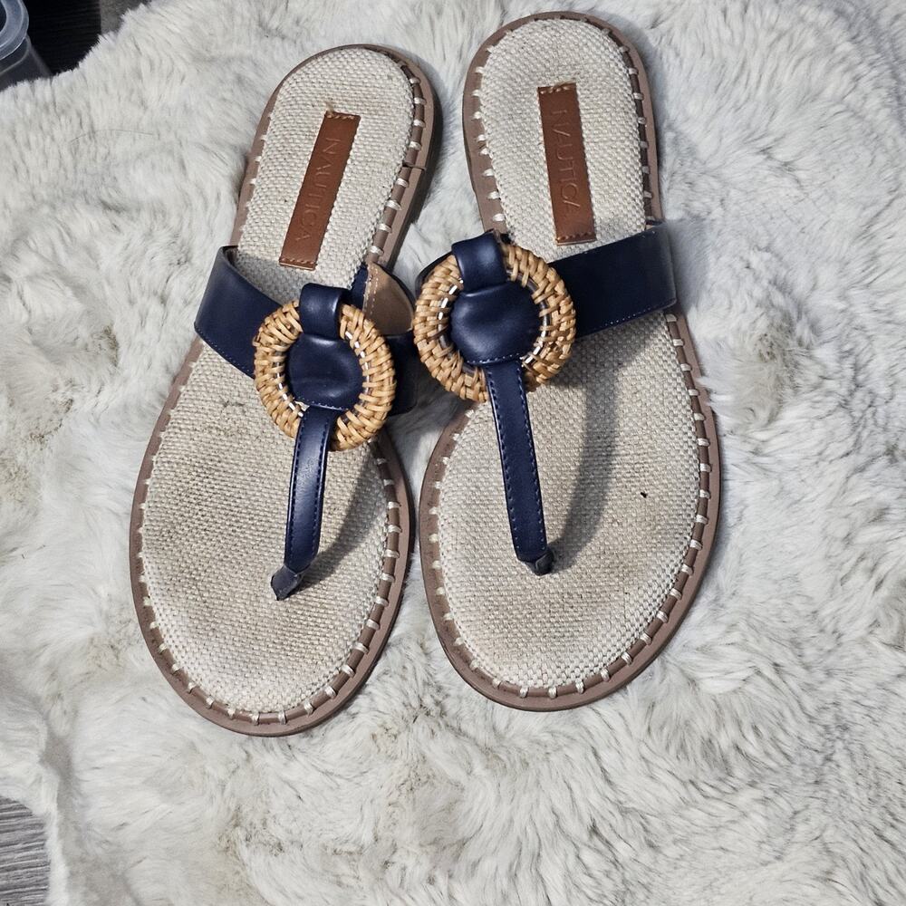 Nautica Women's Thong Sandals Size 7 Cream And Blue Flip Flops